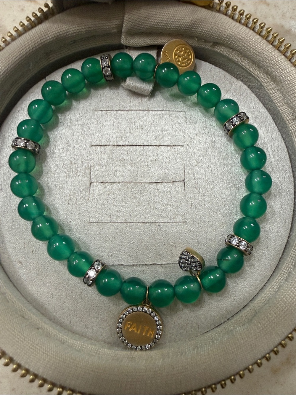 Green Beaded Faith Charm Bracelet with Gold Accents - Women Jewelry